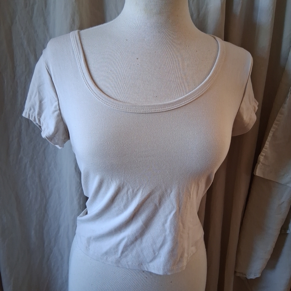 Pink Rose Juniors Scoop Neck Cropped Top Tan Soft Size Large